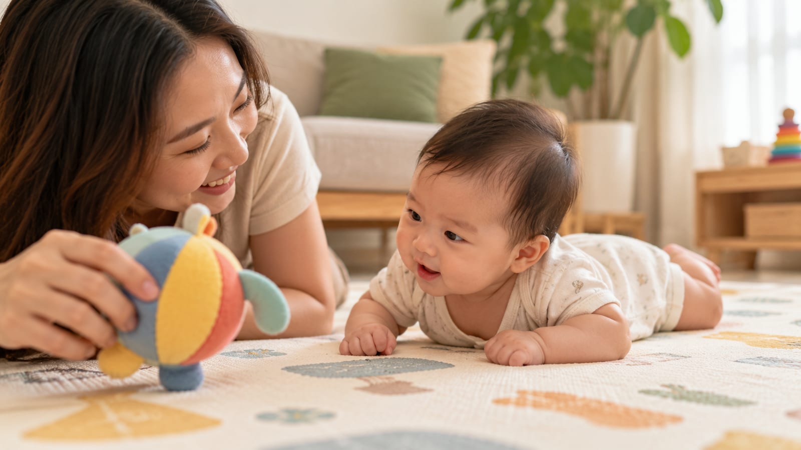 A baby doing tummy time, lifting their head toward a parent and a soft toy