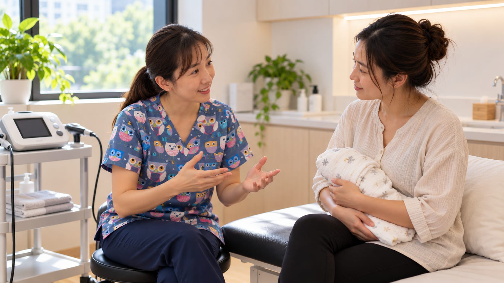 A physiotherapist in owl-print scrubs talking with a mother holding her swaddled baby, a therapy ultrasound unit on a trolley beside them