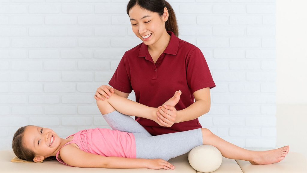 Physiotherapist helping a smiling child with stretching exercises to improve posture and mobility.