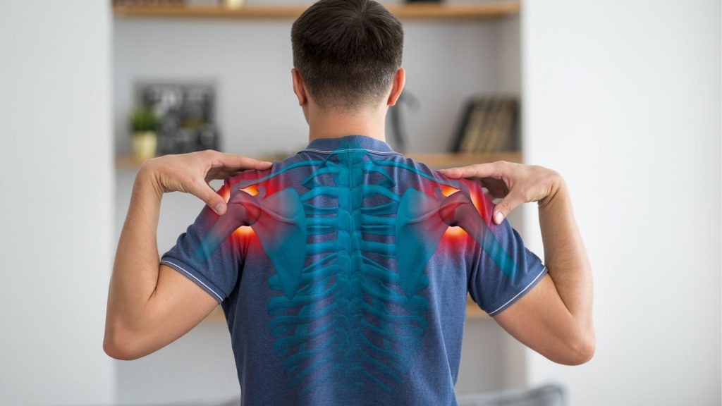 Illustration of upper back and shoulder strain highlighting the need for early child posture correction.
