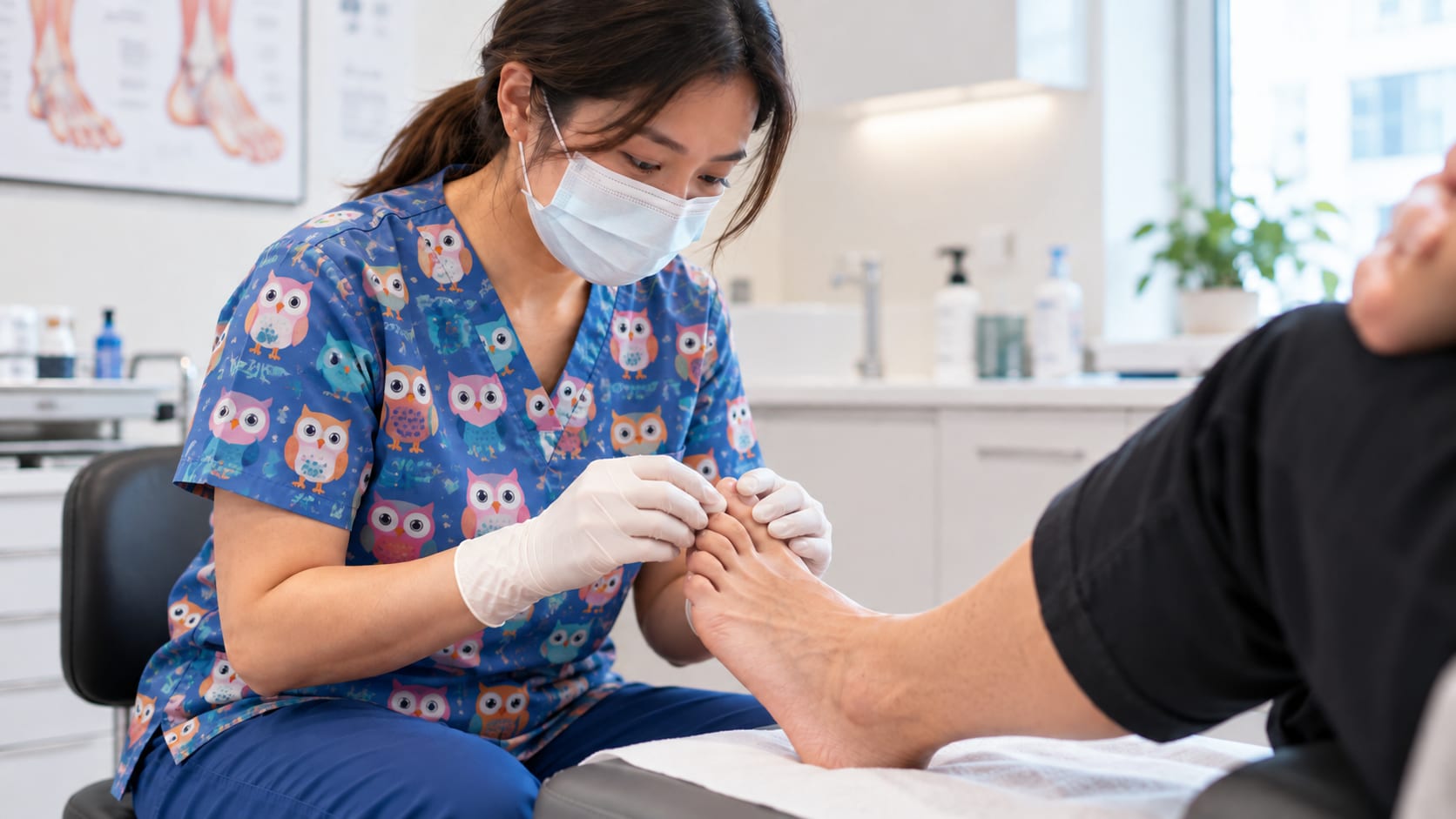 Podiatrist in gloves and a mask examining a patient's big toe in a clinic