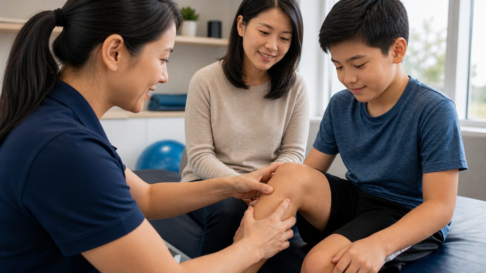 Physiotherapist examining a young patient's knee during a consultation, with a parent present