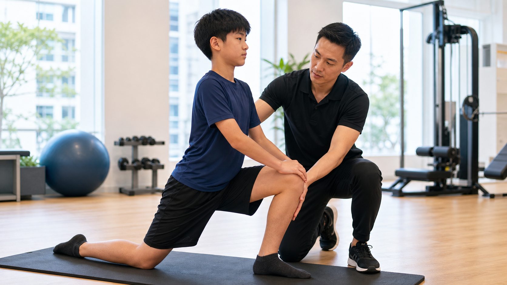 Physiotherapist guiding a young patient through a supervised stretching exercise