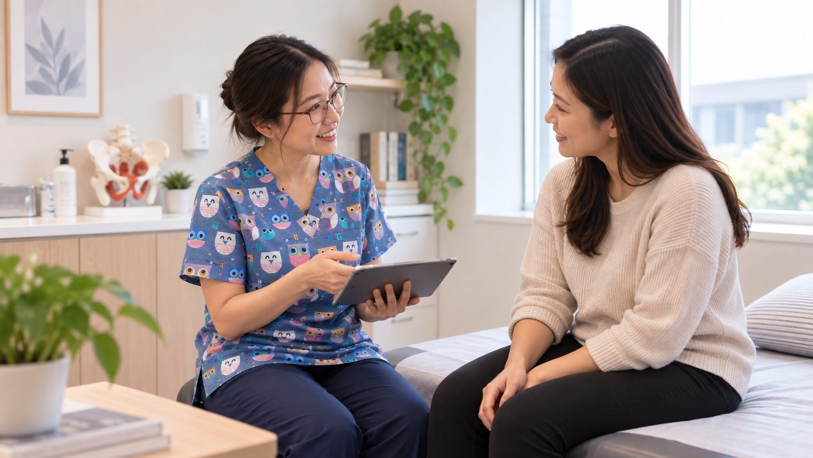Physiotherapist consulting a patient in clinic, with a pelvic model on the counter