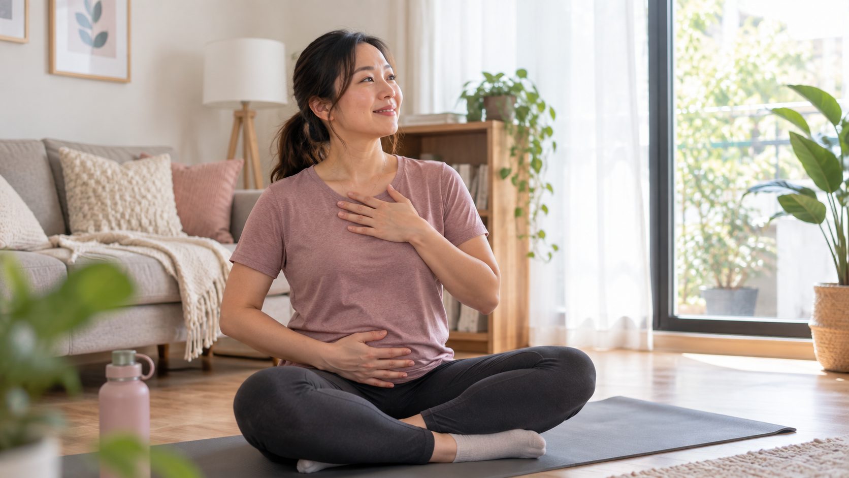 Woman doing a gentle seated breathing exercise at home