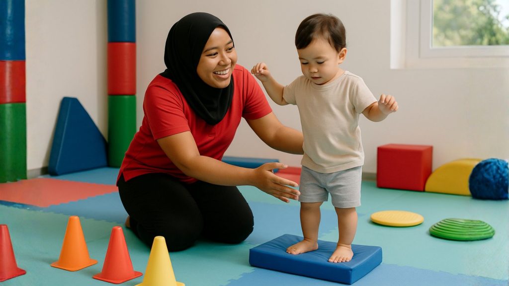 A paediatric physiotherapist supporting a toddler during balance training on a foam block in a therapy gym in Singapore.