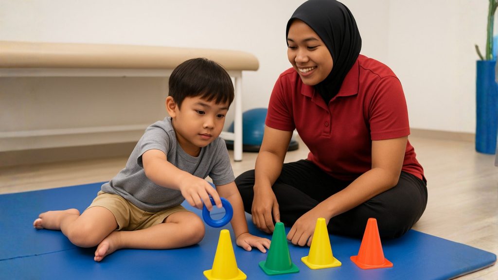 A paediatric physiotherapist guiding a child through a coordination activity with coloured cones during therapy.
