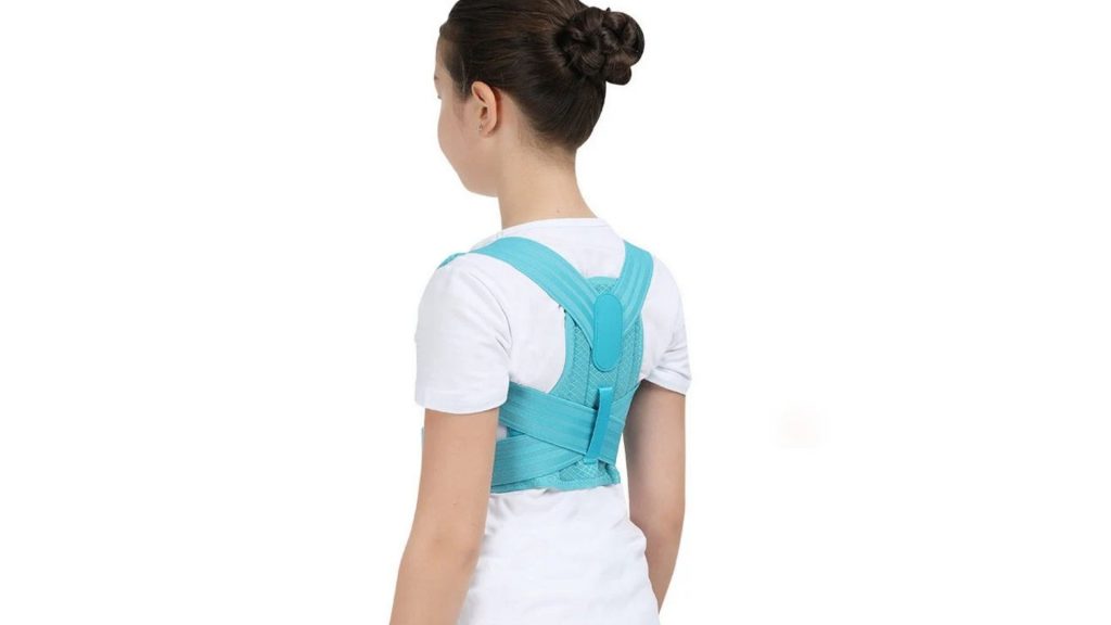 Young girl wearing a blue posture brace to support back alignment and improve child posture correction.