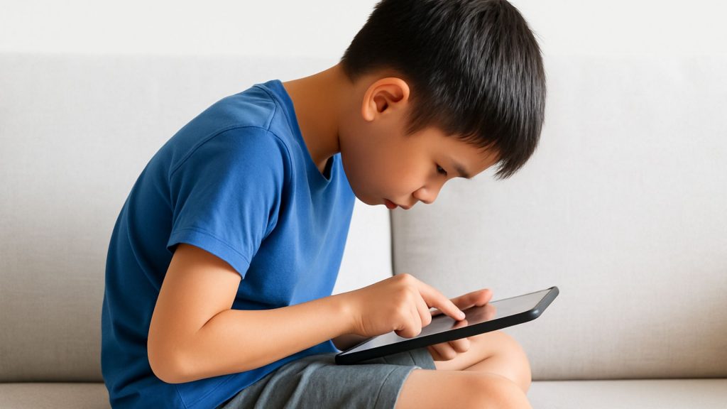 Boy hunched over a tablet on the couch, showing poor posture that could benefit from child posture correction.