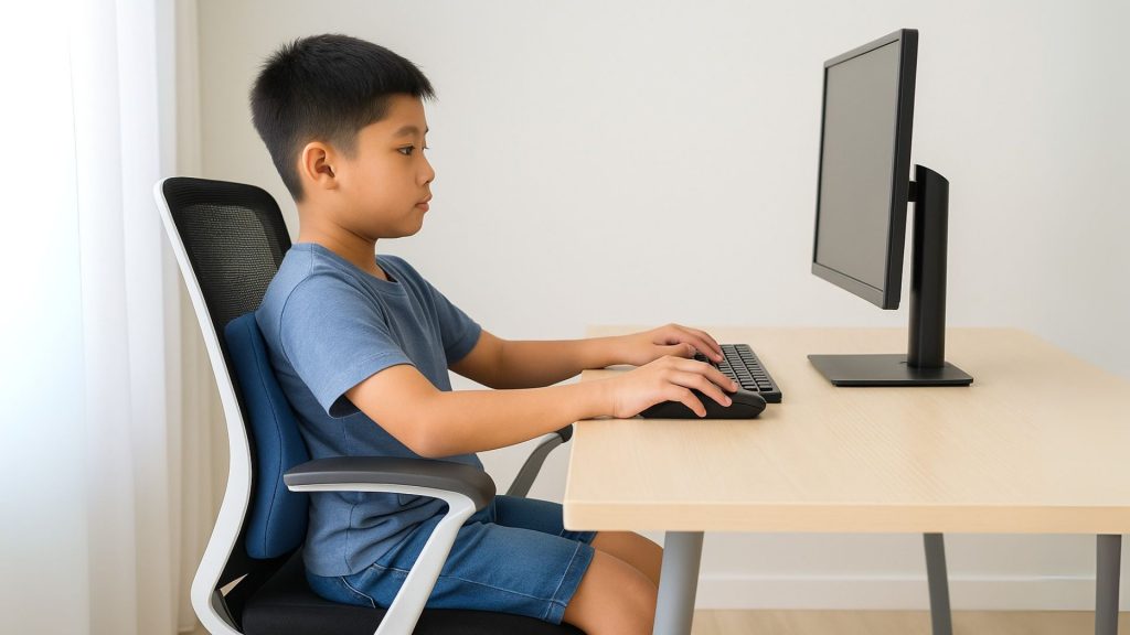Boy sitting upright with correct desk and chair setup to promote good ergonomics for child posture correction.