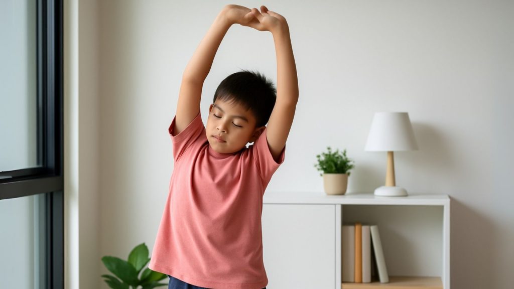 Young boy stretching arms at home as part of daily routine for child posture correction and flexibility improvement.