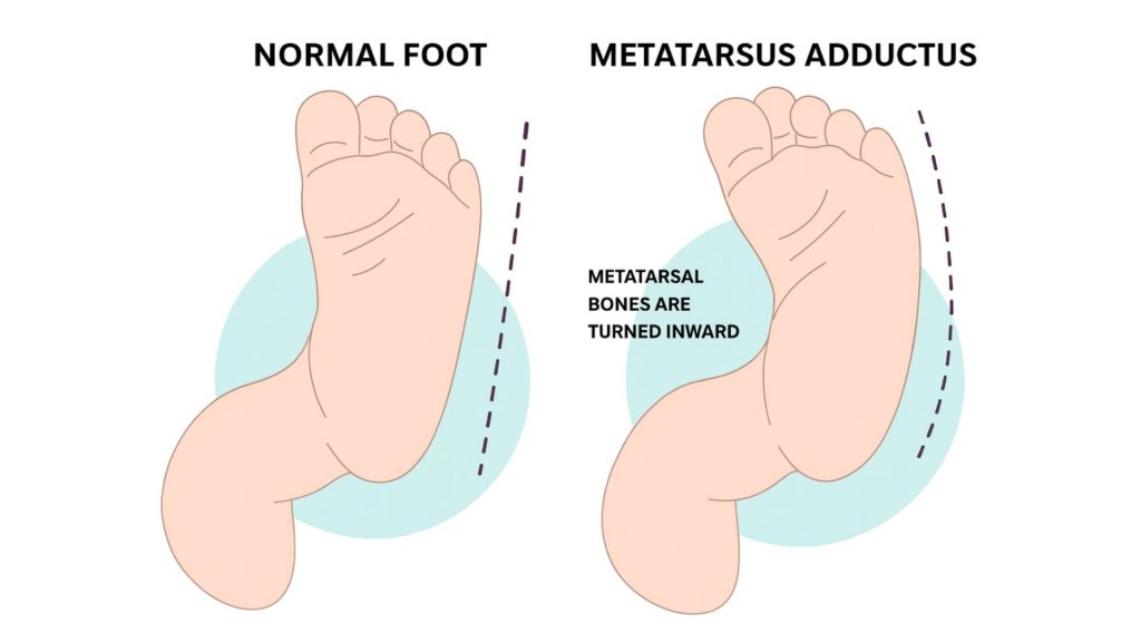 Medical illustration comparing normal foot and metatarsus adductus where the front foot curves inward.