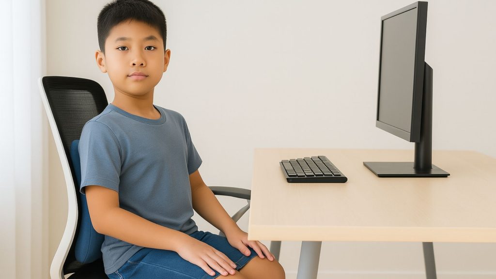 Boy sitting upright at a desk with good ergonomics to support child posture correction and spinal health.