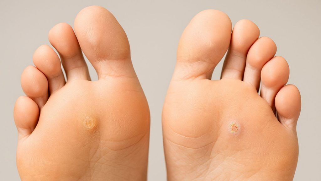 Bottom of child’s feet showing small plantar warts near toes and heel