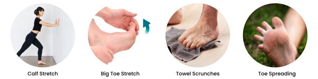 Four foot exercises including calf stretch, big toe stretch, towel scrunches, and toe spreading to relieve foot pain.