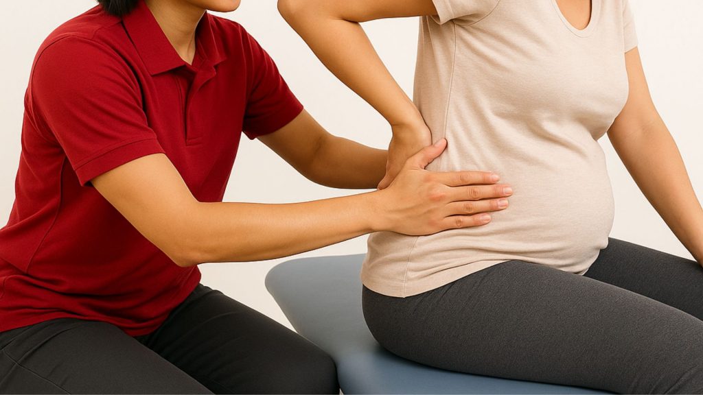 Physiotherapist providing hands-on treatment to a pregnant woman experiencing lower back pain during a physiotherapy session