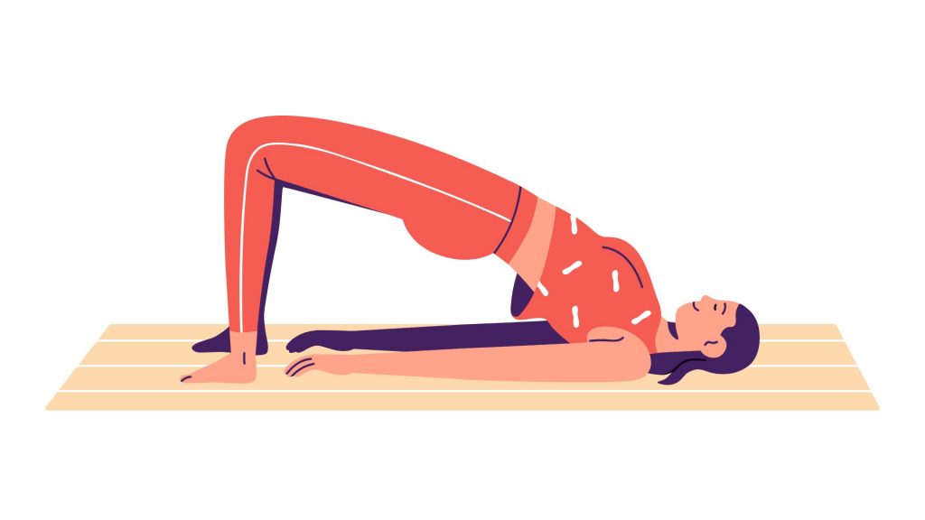 Flat vector illustration of a woman performing a glute bridge exercise on a yoga mat, engaging core and glute muscles