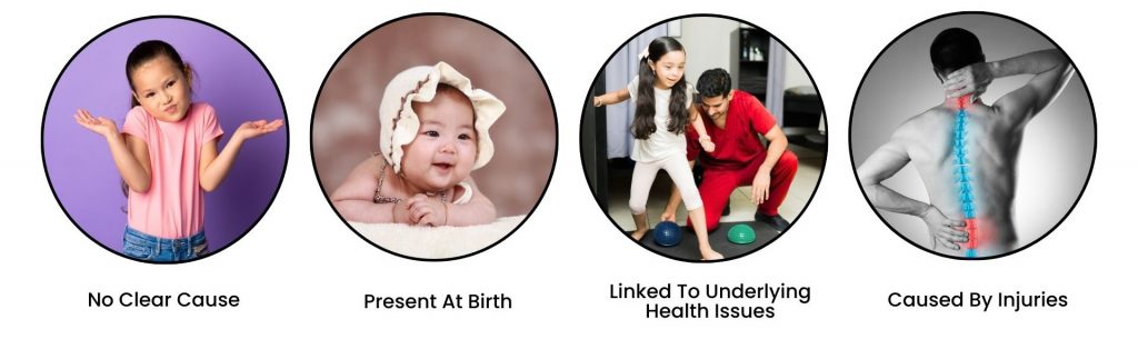 Infographic showing causes of scoliosis in children including unknown, birth, health issues, and injuries