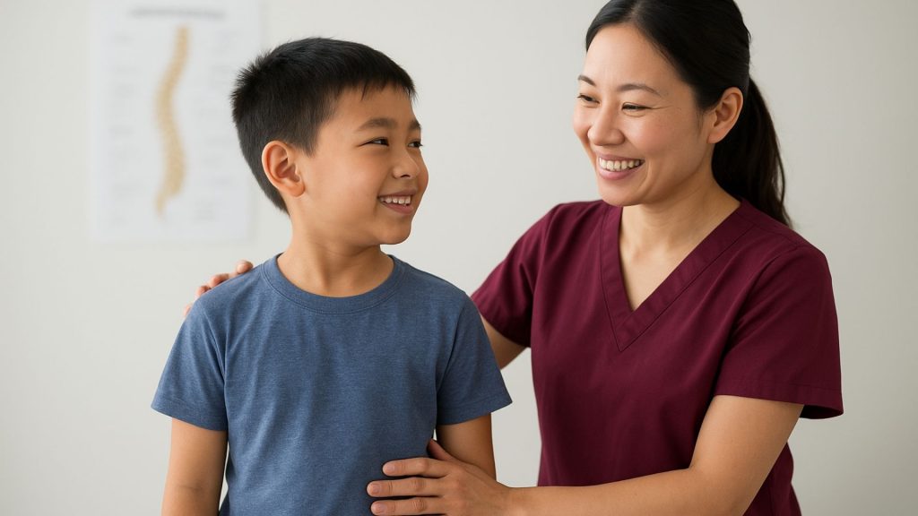 Physiotherapist supporting young boy during scoliosis in children checkup